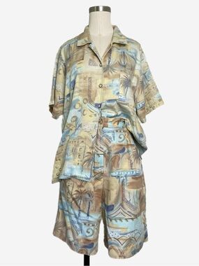 Vintage 90s Tail Beige blue tropical shorts and top set retro cruise beach M
